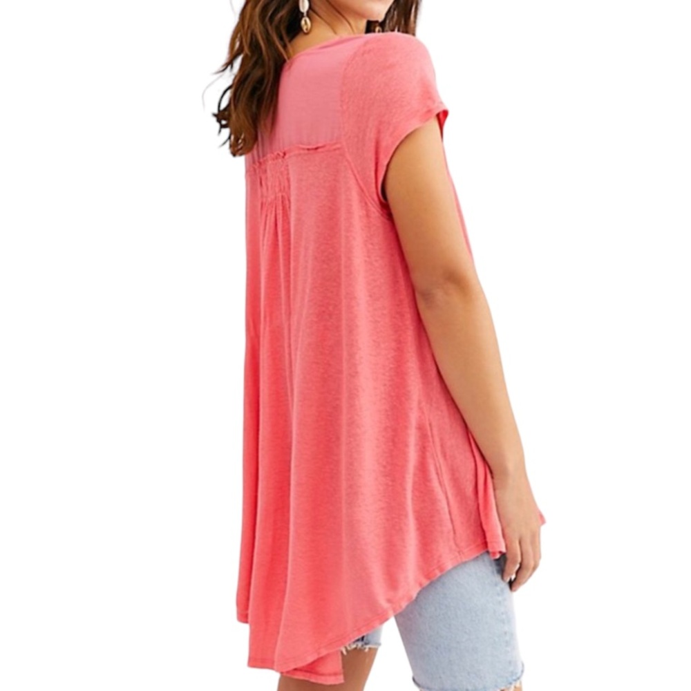FREE PEOPLE Highland Button Down V-Neck Linen Blend T-shirt Tee Top, Azalea, M - Picture 2 of 3